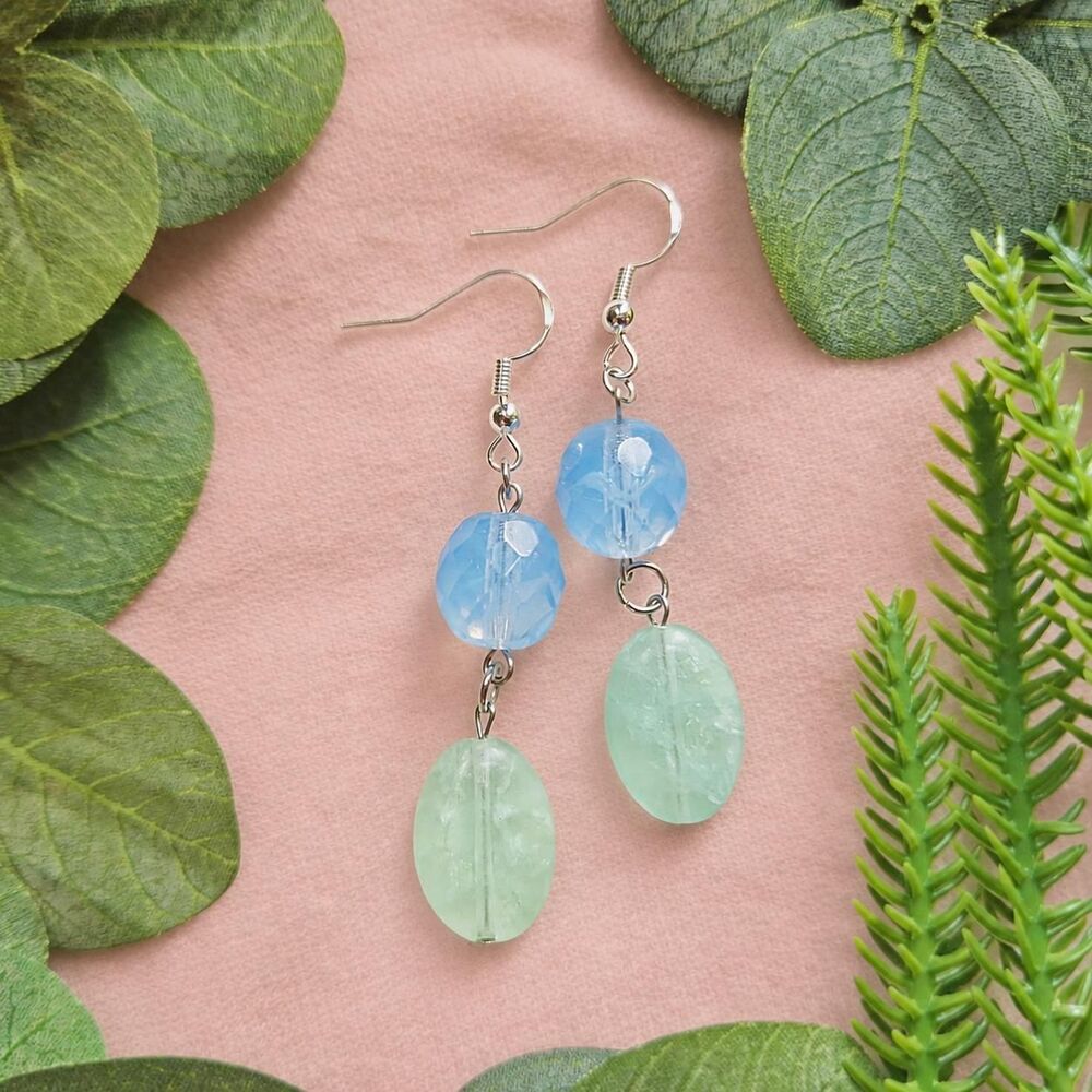 Green Fluorite Dangle Earrings with Blue Czech Glass